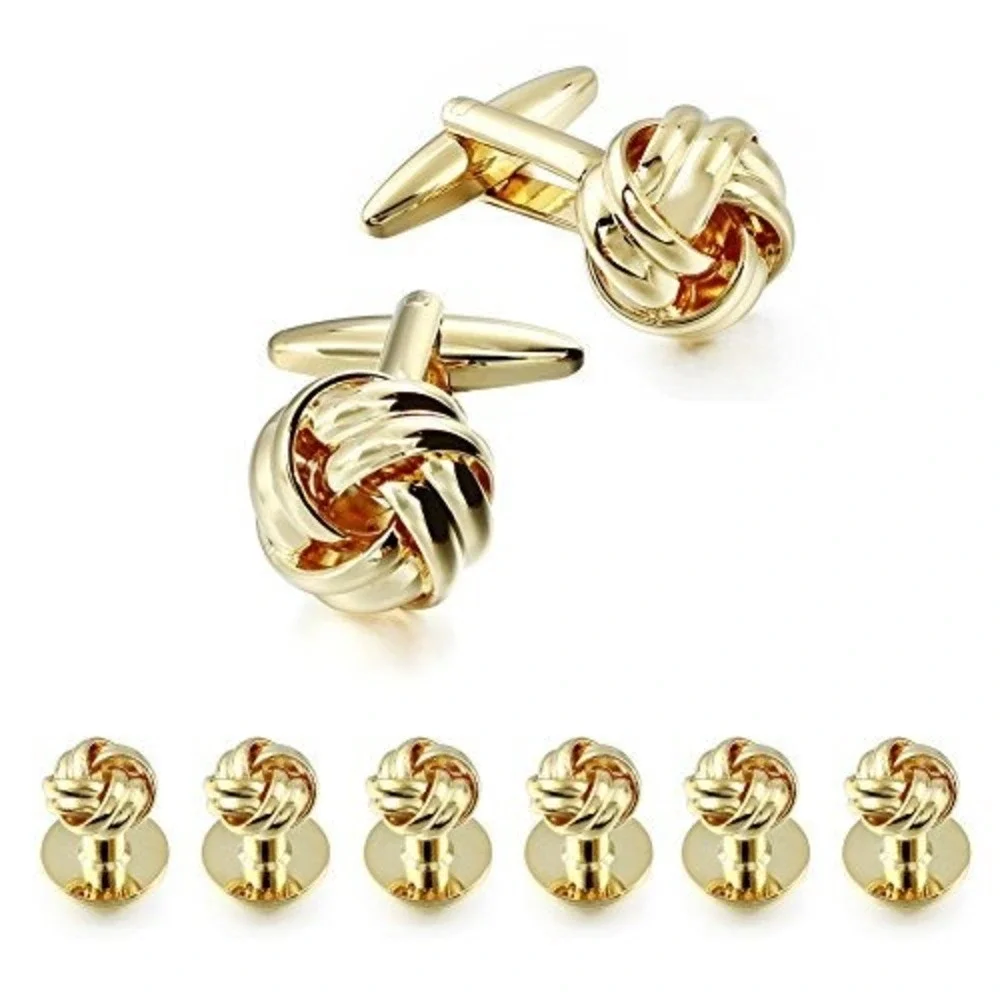 Gold‎ Tone Love Knot Cufflinks and Shirt Studs Set Formal Tuxedo Wedding Men